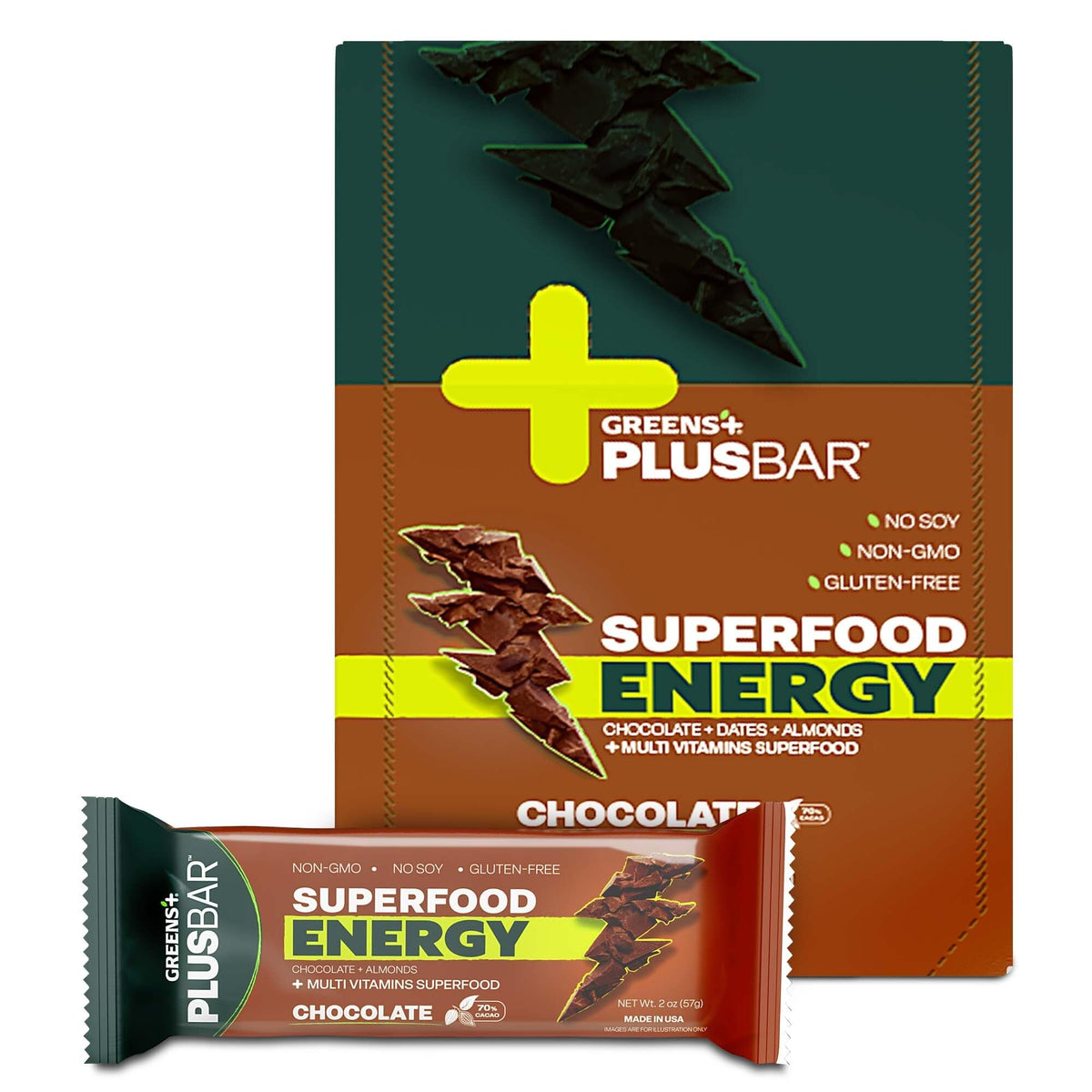 Greens+ Plusbar Chocolate Energy Bar Gluten Free - 12 Bars