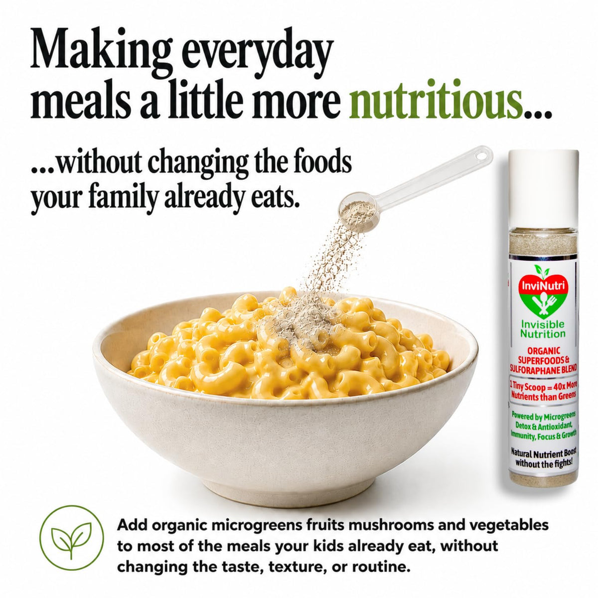 InviNutri Superfood Powder for Sensory & Picky Eaters. A Tiny Scoop