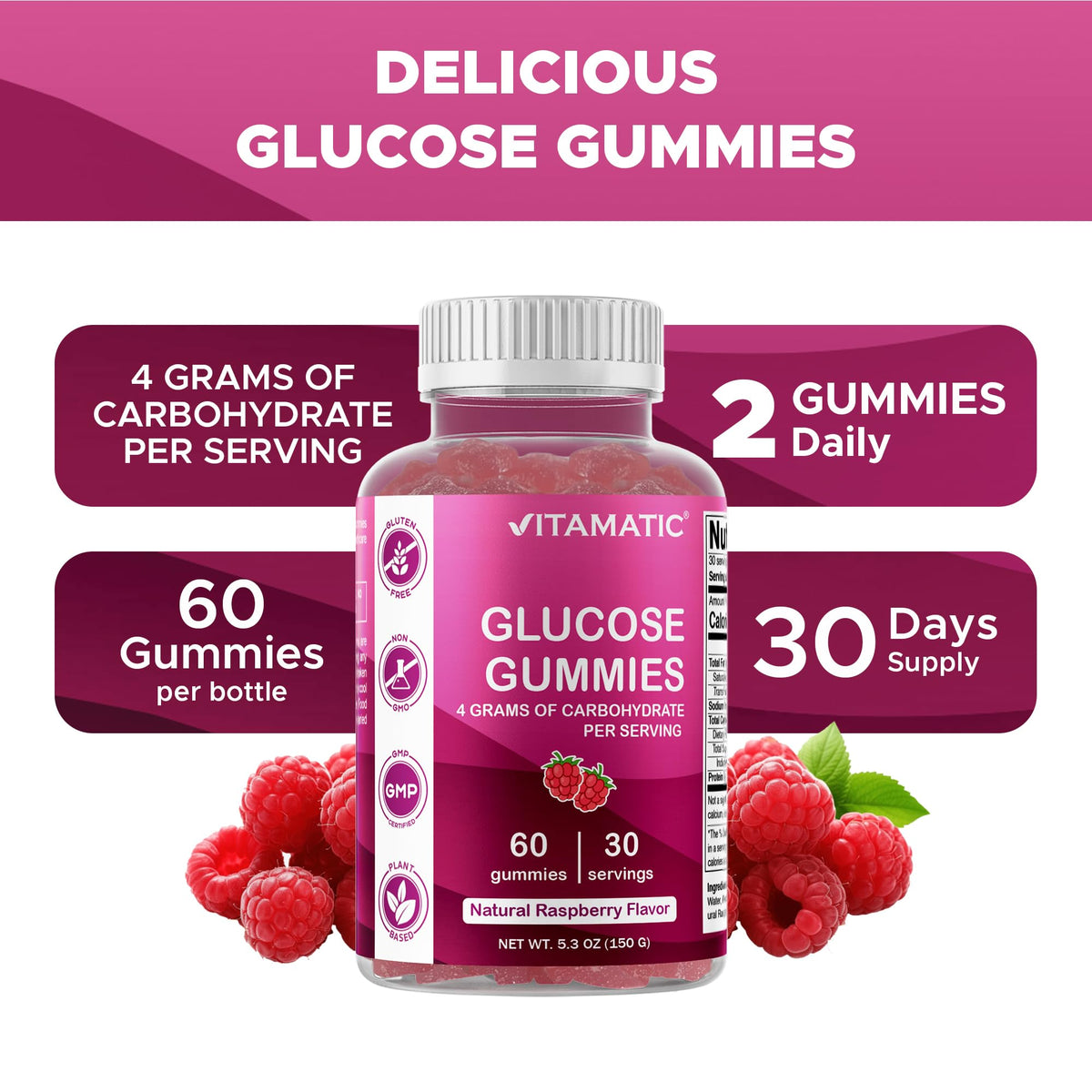 Vitamatic Glucose chewable Gummies - 60 Count - Natural Raspberry