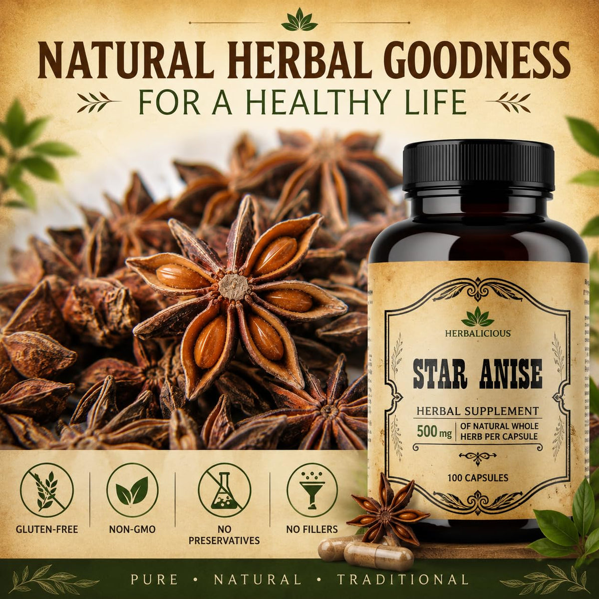 HERBALICIOUS Star Anise Supplement Organic 1000mg - 100 Capsules - image 5