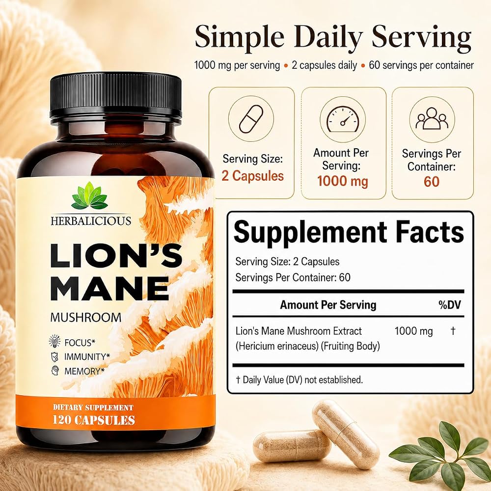 HERBALICIOUS Lion's Mane Supplement Capsules for Memory & Focus - 120 Capsules - image 6