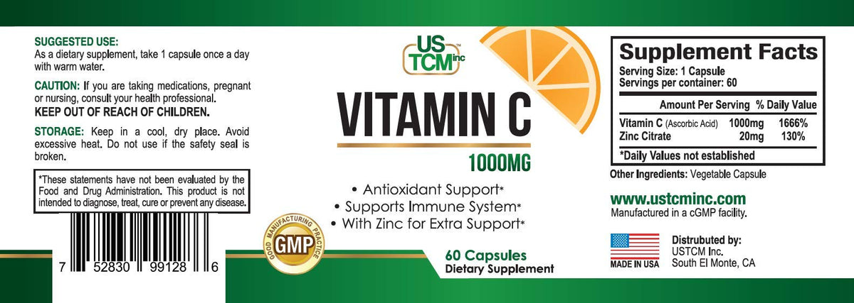 USTCM Vitamin C 1000mg with Zinc - 60 Vegetable Capsules - image 3