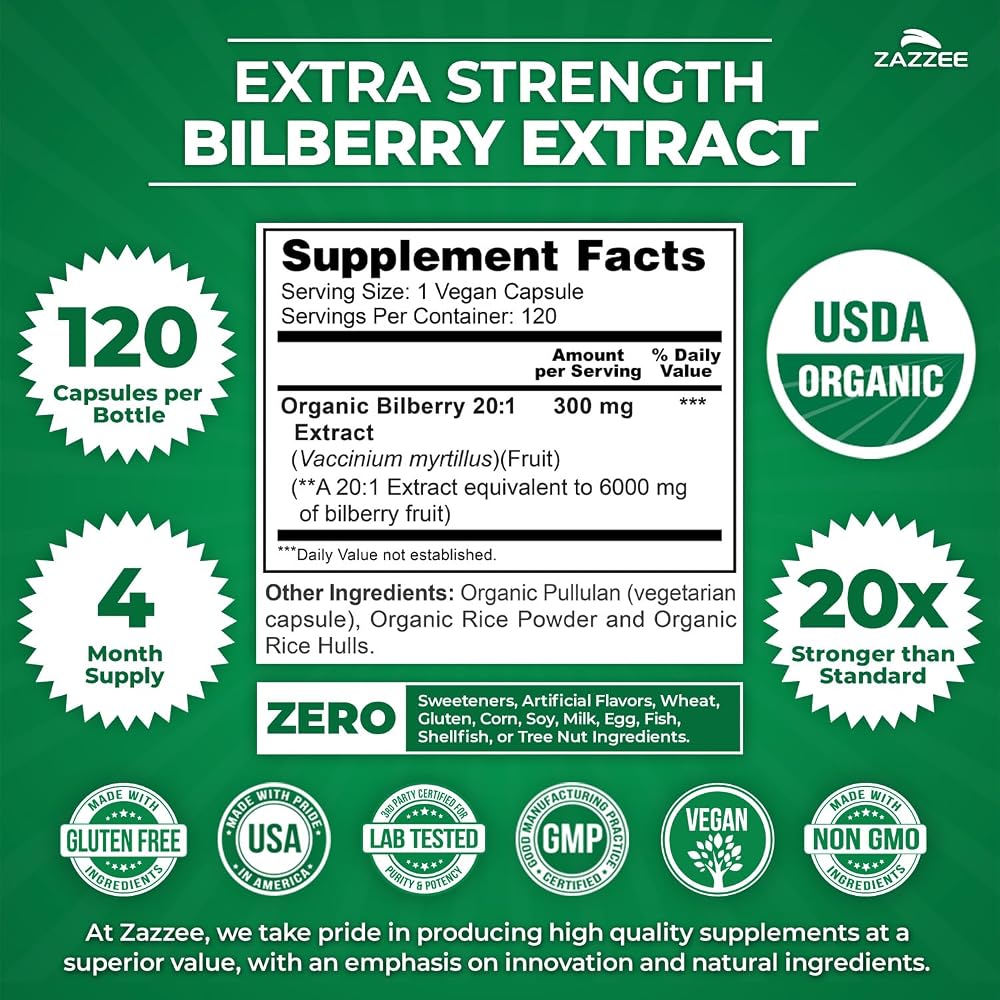Zazzee USDA Organic Bilberry 20:1 Extract - 120 Capsules - image 3