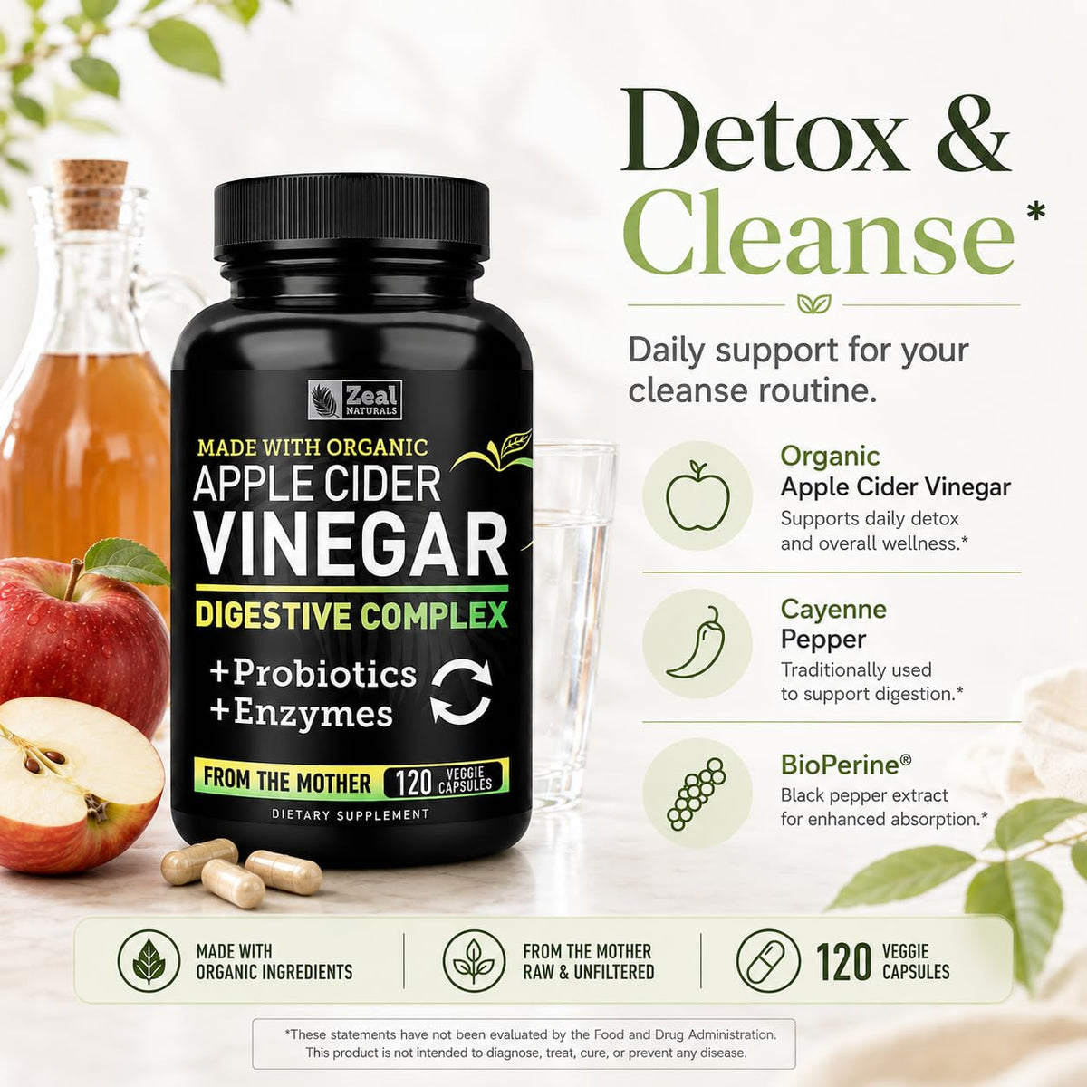Zeal Naturals Organic Apple Cider Vinegar Capsules Digestive Complex - image 5
