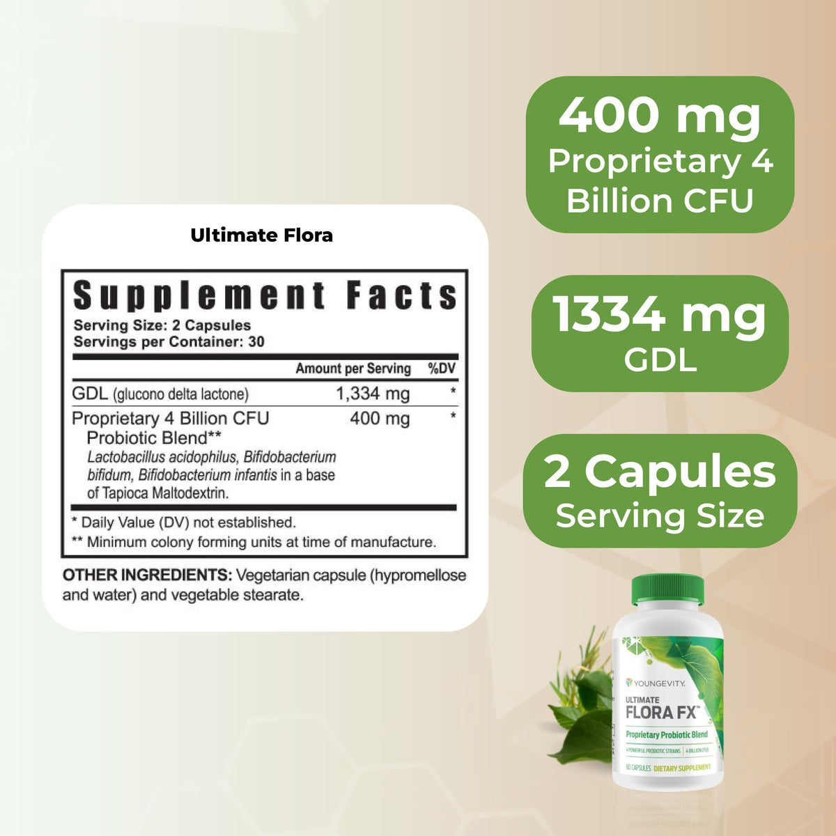 Youngevity Ultimate Flora FX Prebiotic Probiotic 4 Billion CFU - 60 Capsules - image 3