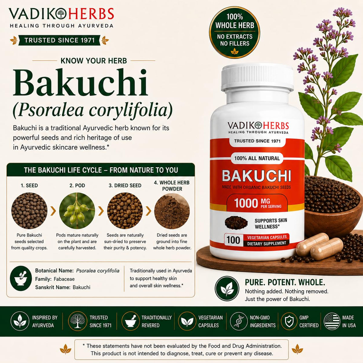 Certified Organic Vadik Herbs Bakuchi Babchi (Psoralea corylifolia)
