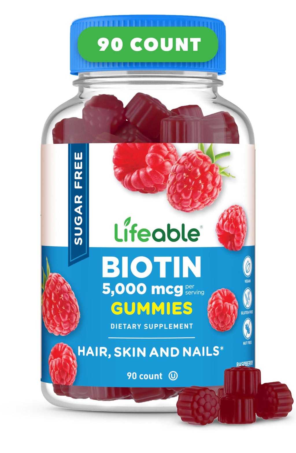 Lifeable Sugar Free Biotin Gummies 5000mcg Hair, Skin & Nails - 90 Count