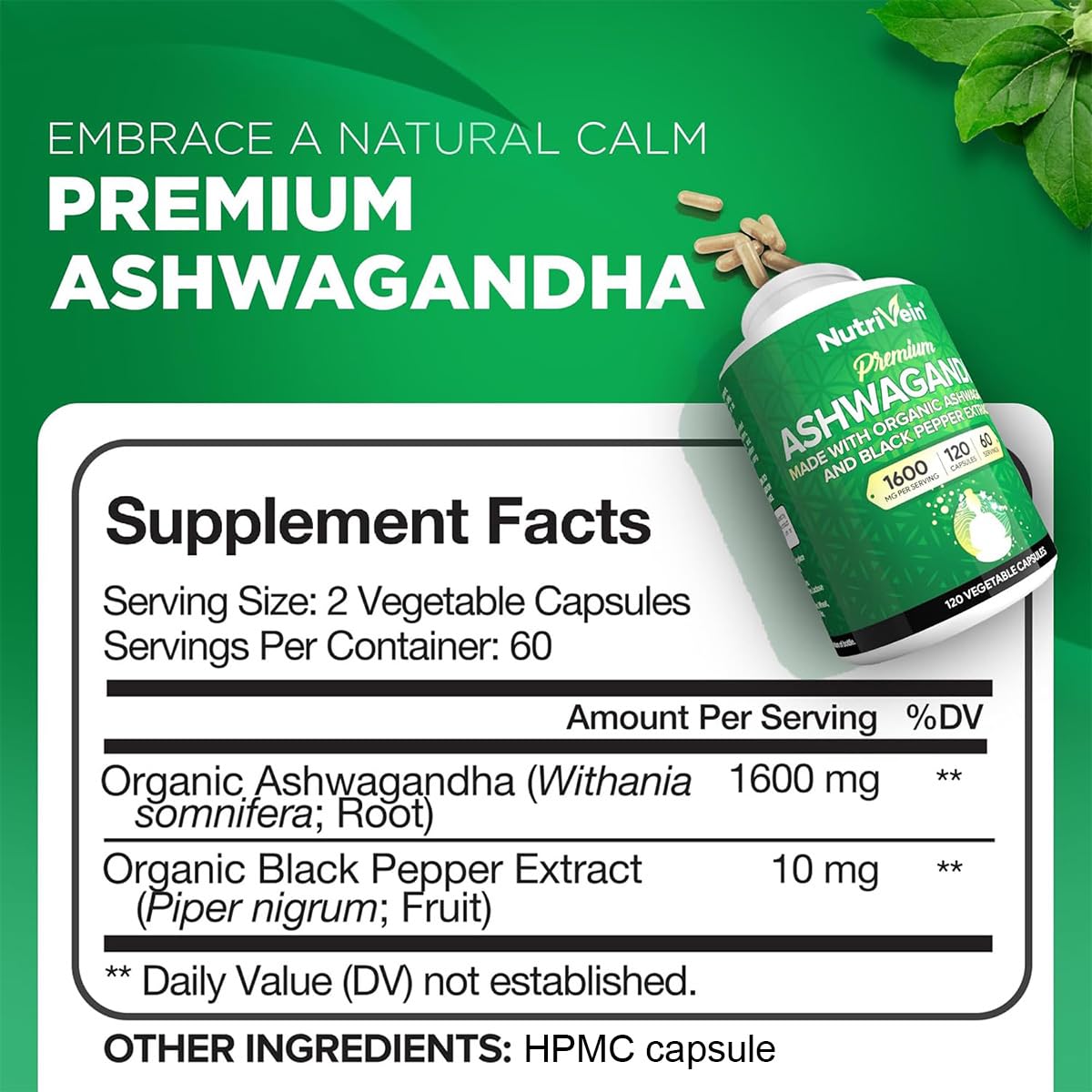 Nutrivein Premium Ashwagandha Capsules 1600mg - 120 Capsules - image 2