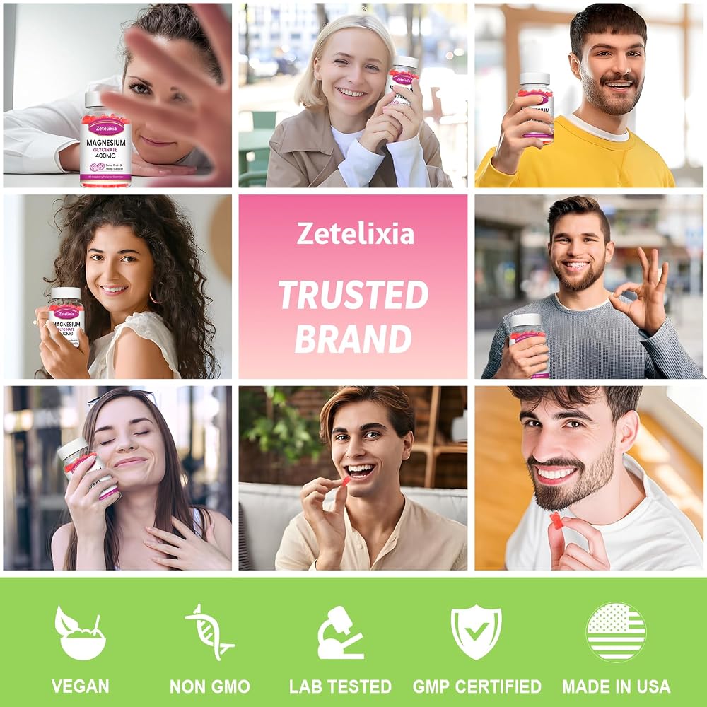 Zetelixia Magnesium Glycinate Gummies, Raspberry Flavor, 60 Count