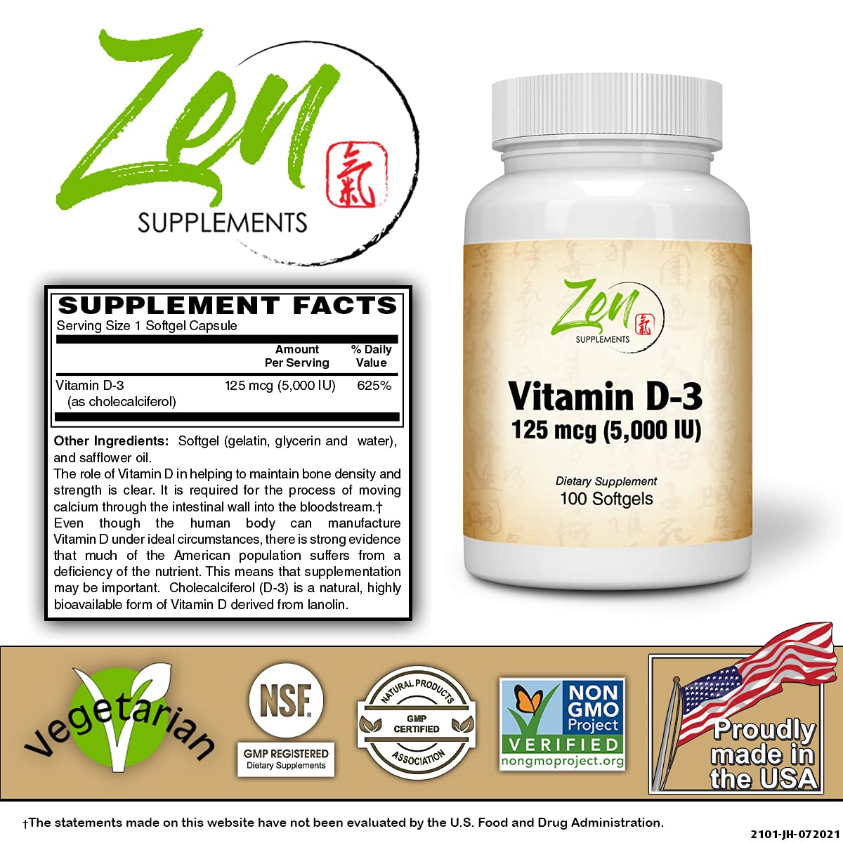 Zen Supplements Vitamin D-3 5000 IU - 100 Softgels - image 2