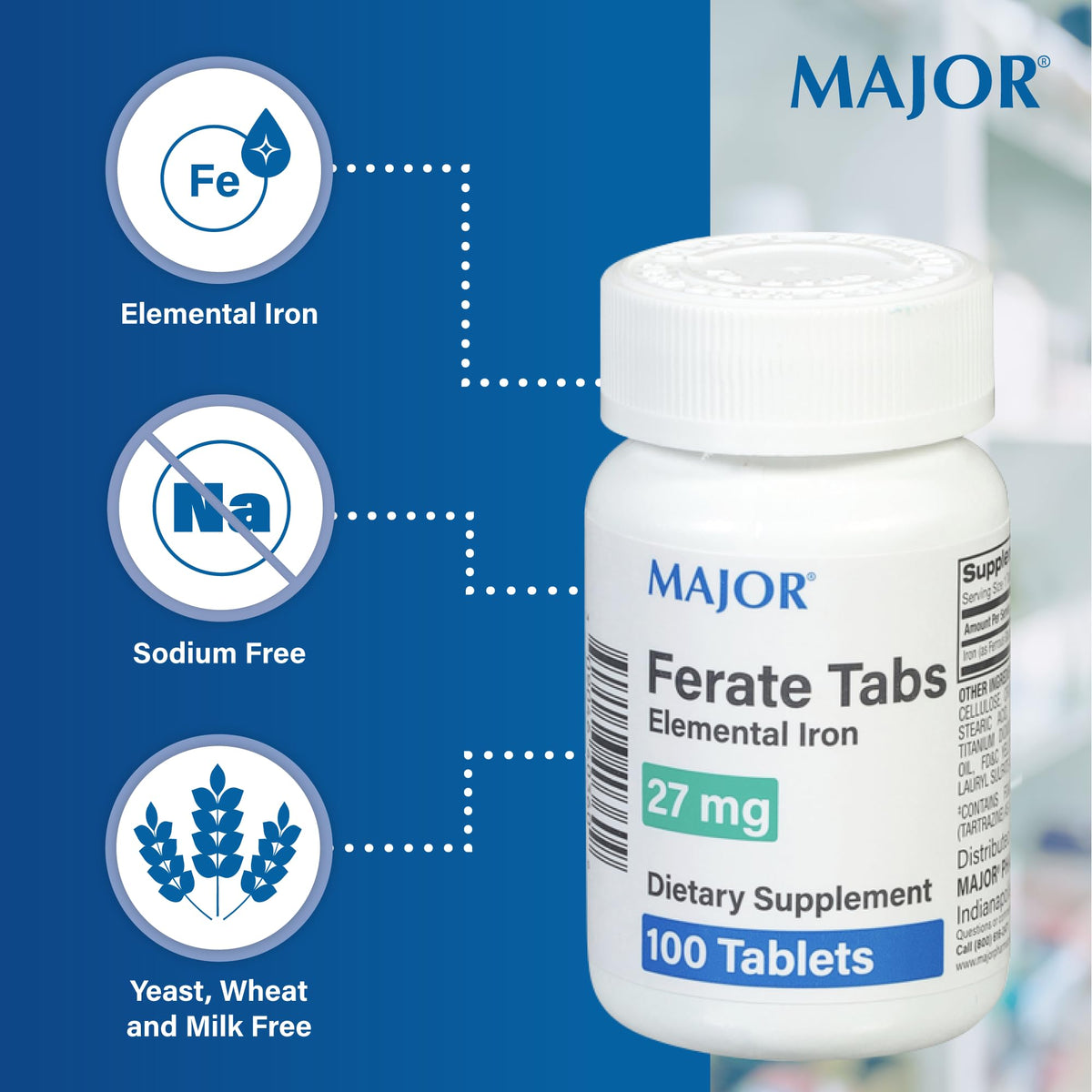 Major 27 mg Ferate Tabs - Ferrous Gluconate Elemental Iron Dietary