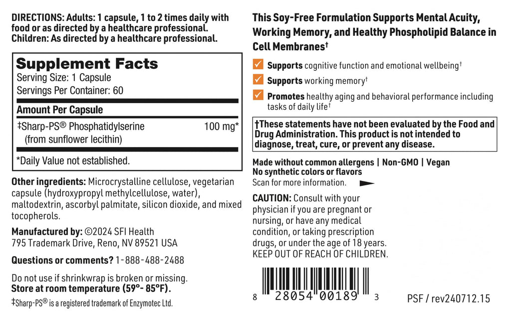 SFI Health Phosphatidyl Serine Sunflower 100 mg - 60 Vegetarian Capsules - image 5