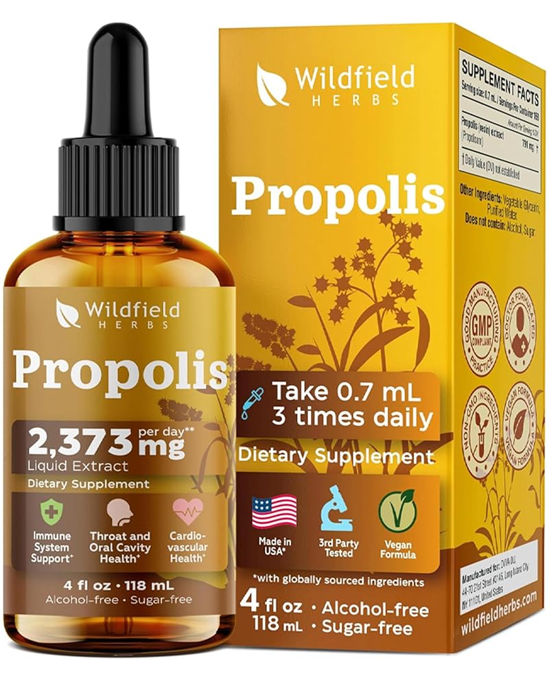 WILDFIELD HERBS 4 Oz Bee Propolis Extract Liquid Drops - Immune Support & Throat Soothing | 2 Month Supply | - Made in USA - Propolis Supplement - Alcohol & Sugar Free