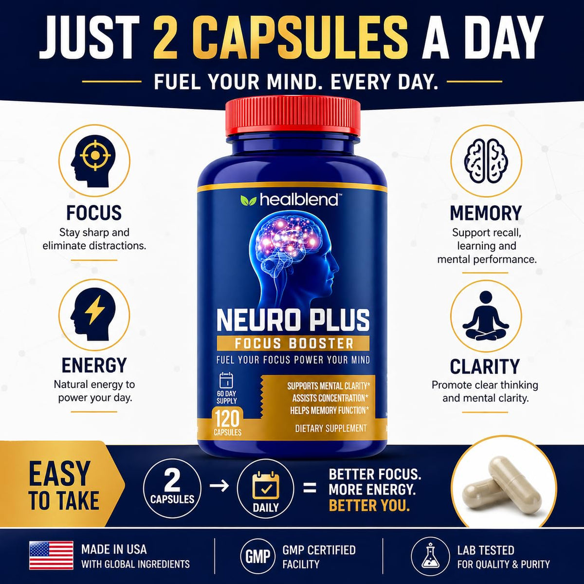 healblend Neuro Plus Focus Booster Brain Support - 120 Capsules - image 3
