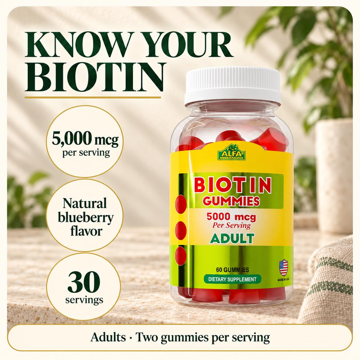 ALFA VITAMINS Biotin 5000mcg Gummies for Hair, Skin & Nails - 60 Gummies - image 2