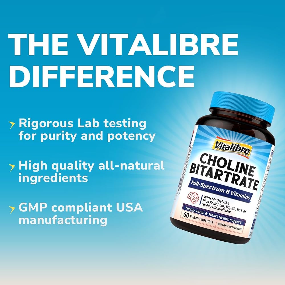 Vitalibre Choline Bitartrate 300mg with B Vitamins - 60 Vegan Capsules - image 7