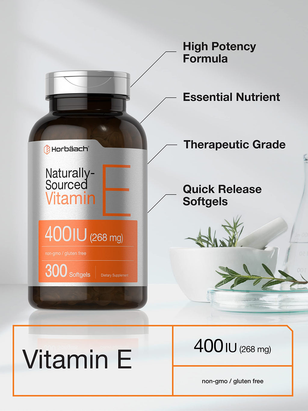 Horbäach Vitamin E Supplement 400 IU - 300 Softgels - image 3