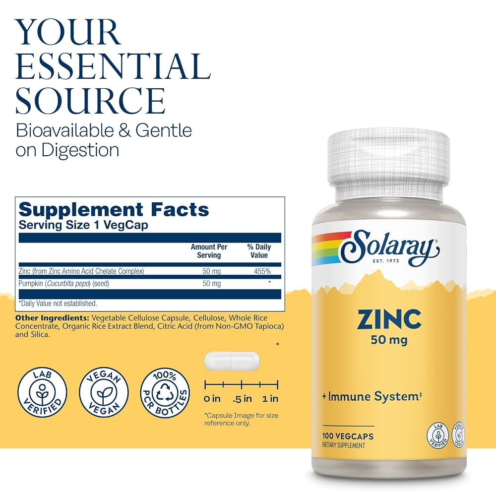 Solaray Zinc 50mg Immune Support - 300 Vegetarian Capsules - image 2