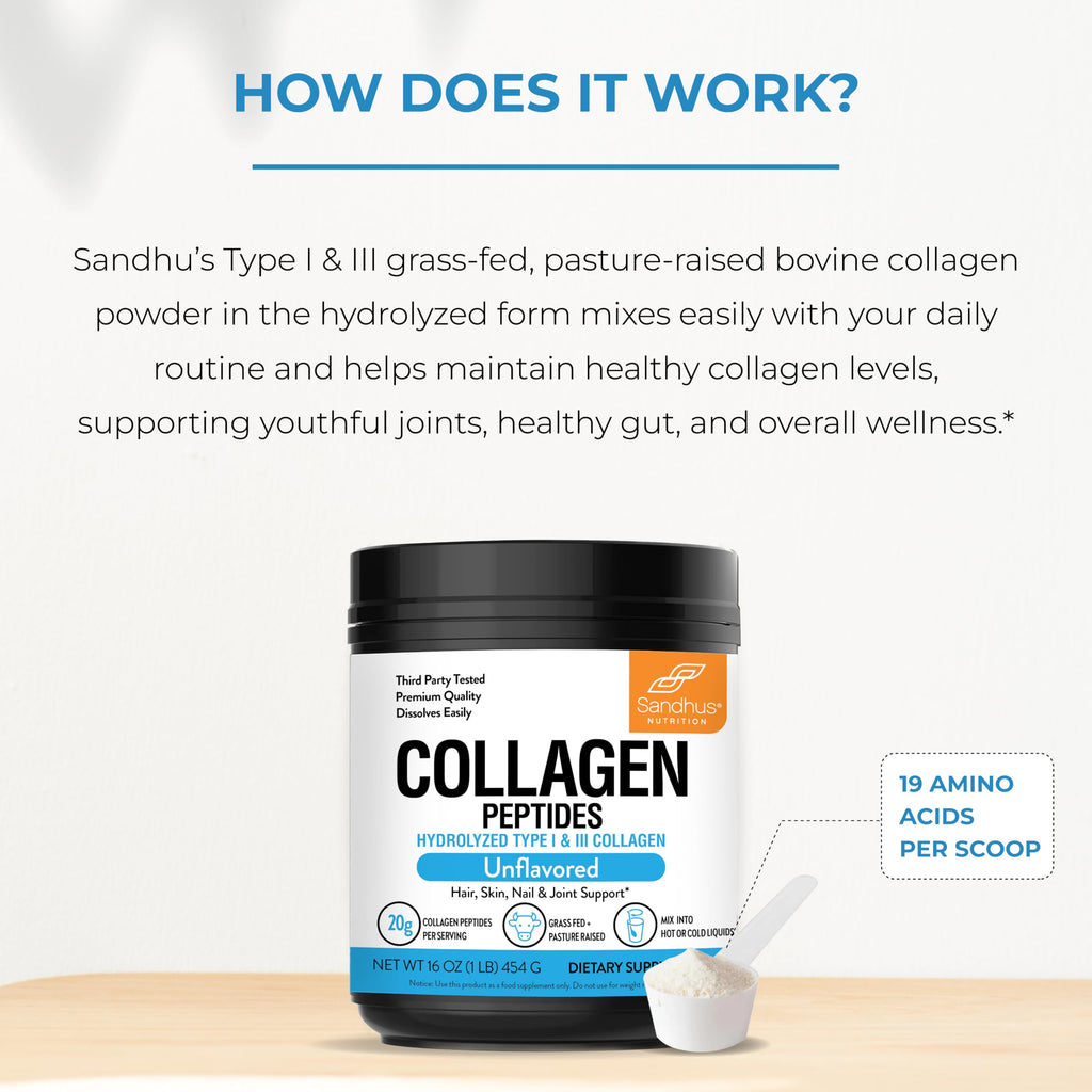 Sandhu's Grass-Fed Hydrolyzed Bovine Collagen Peptides Powder - 1 lb - image 8