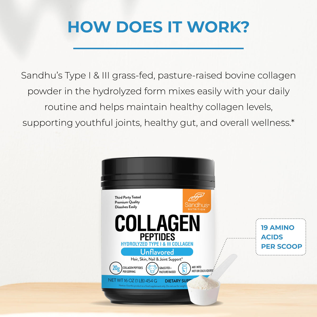 Sandhu's Grass-Fed Hydrolyzed Bovine Collagen Peptides Powder - 1 lb - image 8
