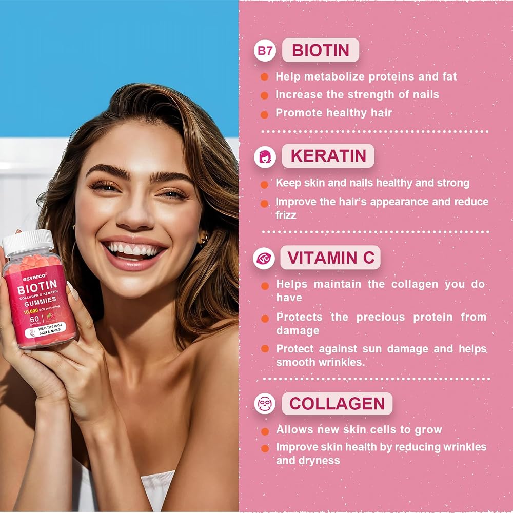 Esverco Biotin 10000mcg Keratin Collagen Gummies - 60 Count - image 2