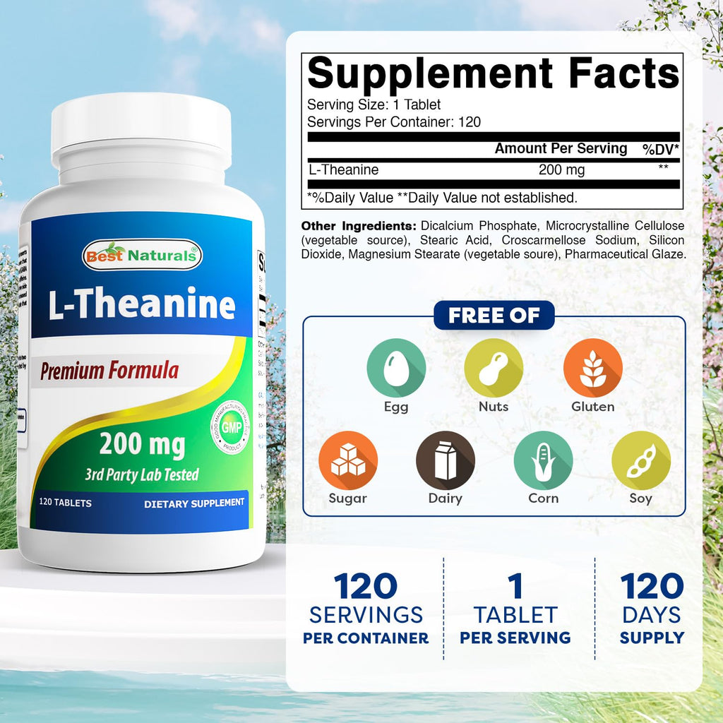 Best Naturals L-Theanine 200mg Tablets for Relaxation - 120 Vegetarian Tablets - image 2