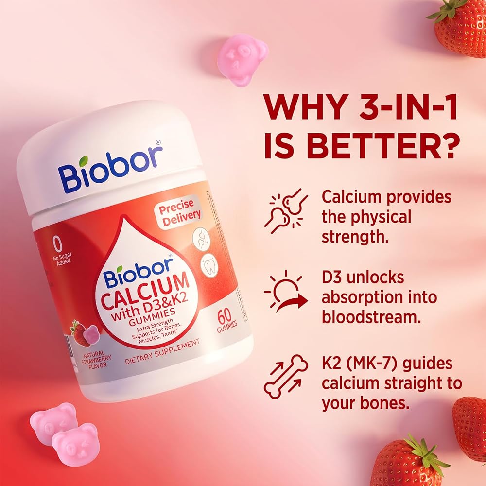 Biobor 200 mg Calcium Gummies with Vitamin D3+ K2, Strawberry