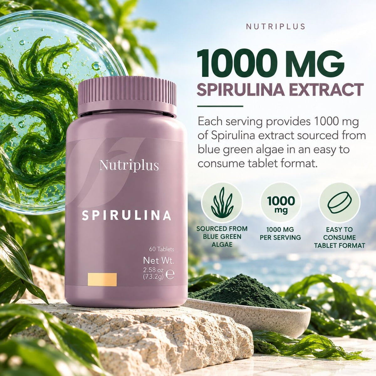 FARMASi Nutriplus Spirulina Tablets Vegan - 60 Tablets - image 3