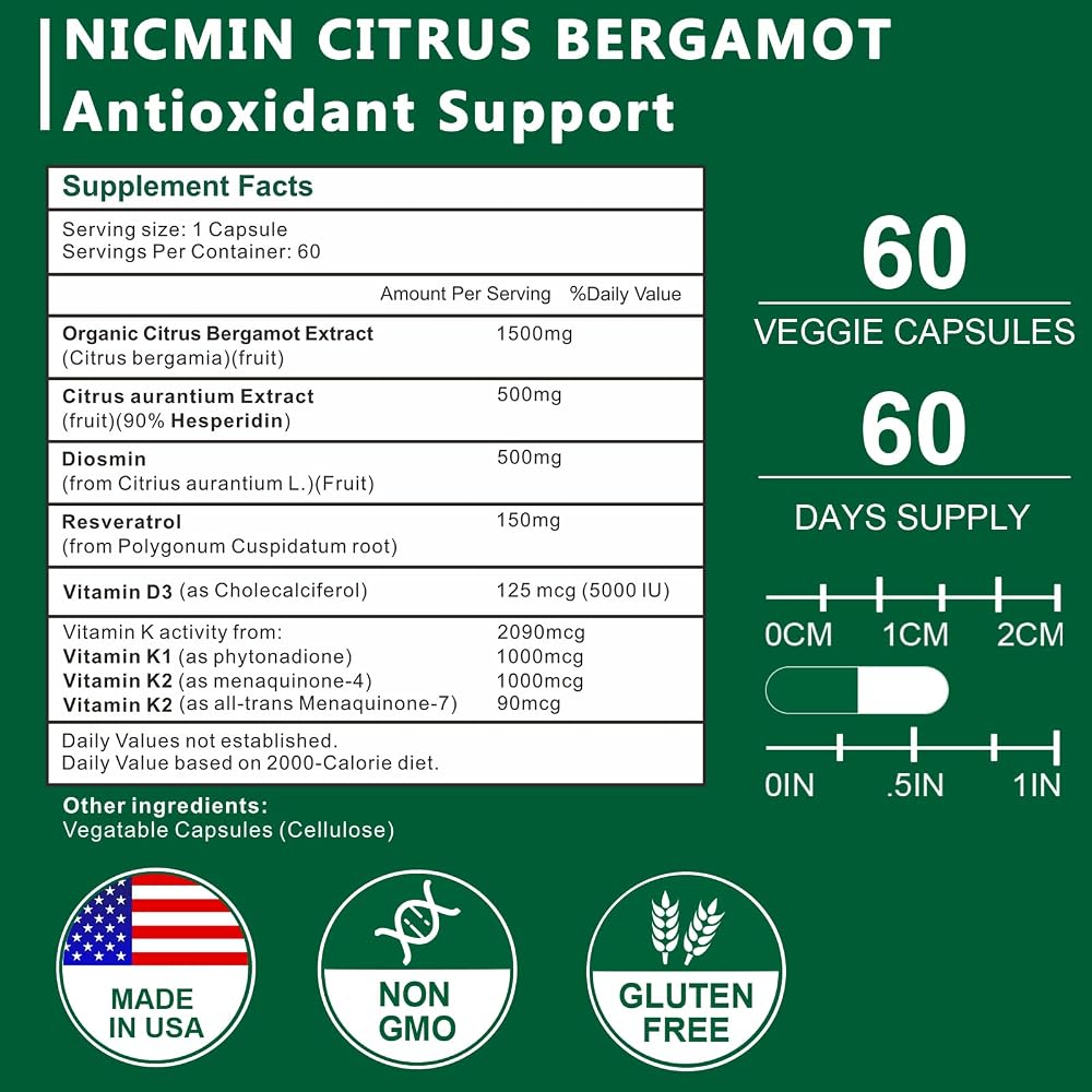 NICMIN Citrus Bergamot 1500mg Supplement Bone Health - 120 Capsules - image 2