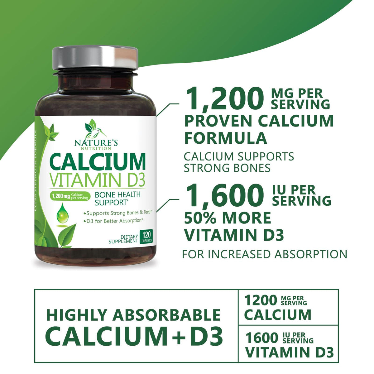 Nature's Nutrition Calcium 1200 mg with Vitamin D3 - Premium Bone