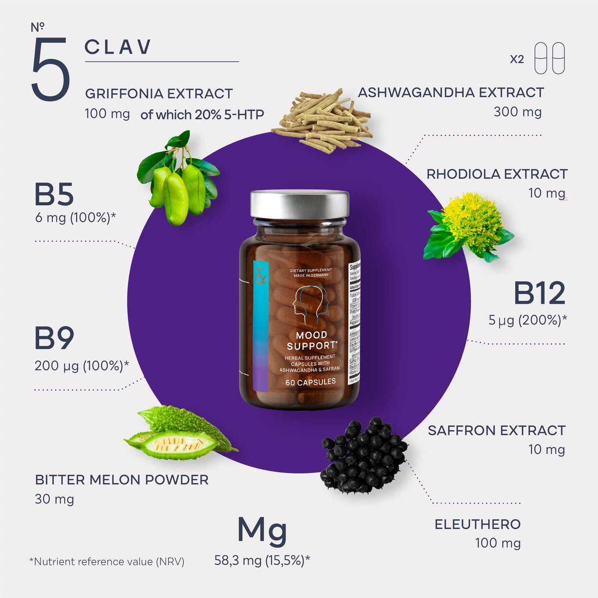 CLAV Mood Support Supplement with Ashwagandha & 5-HTP - 60 Capsules - image 4