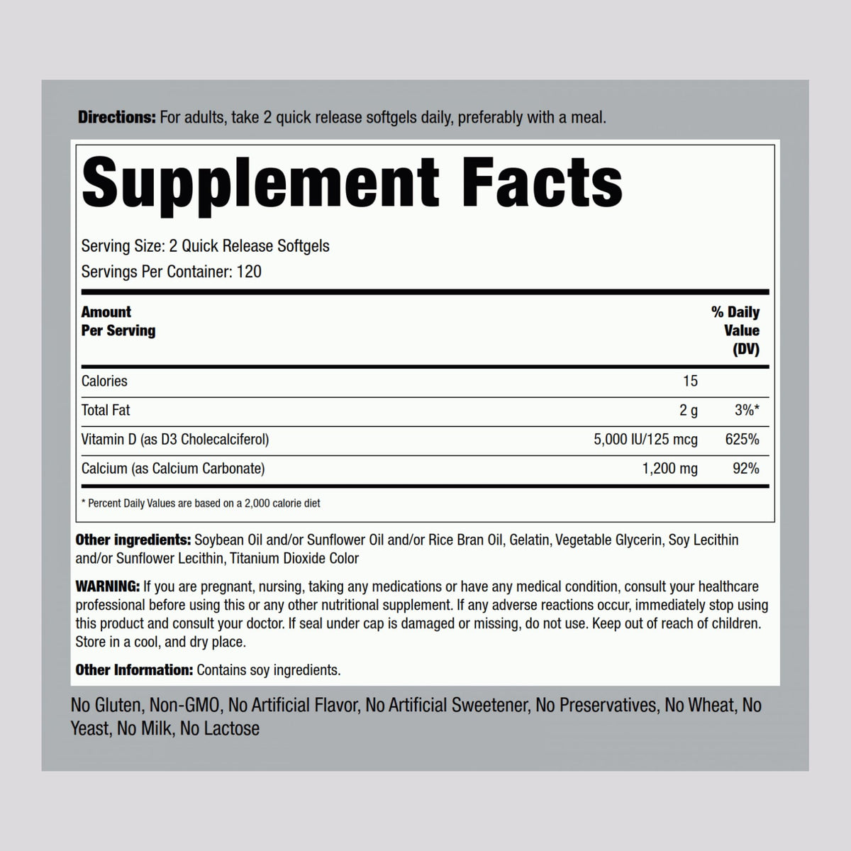 Piping Rock Calcium 1200 mg with Vitamin D3 - 240 Softgels - image 2