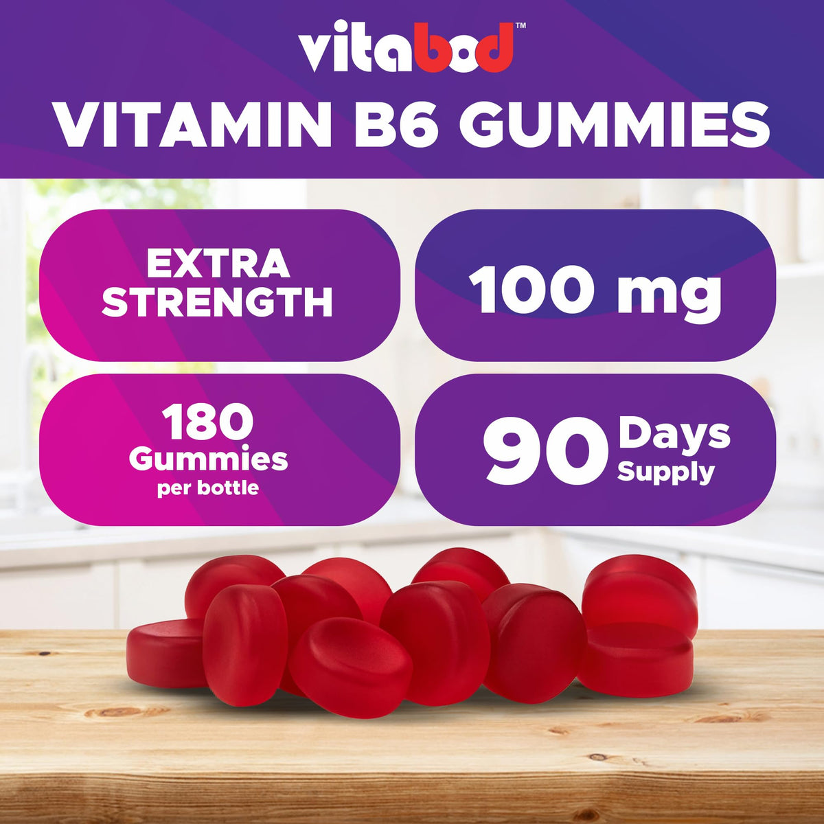 Vitabod Extra Strength Vitamin B6 Gummies 100mg - 180 Gummies - image 5