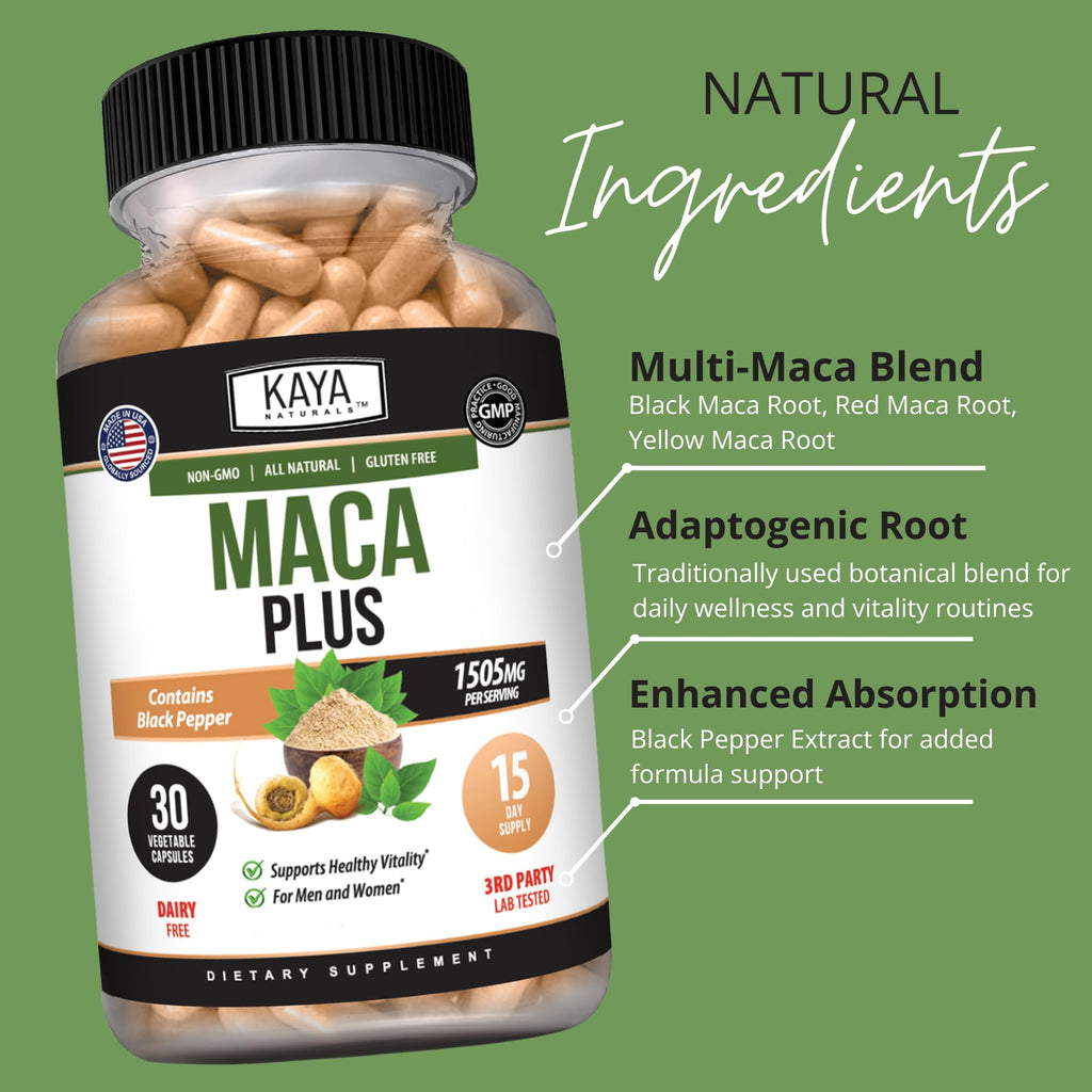 Kaya Naturals MACA Plus - Maca Root Capsules for Women and Men