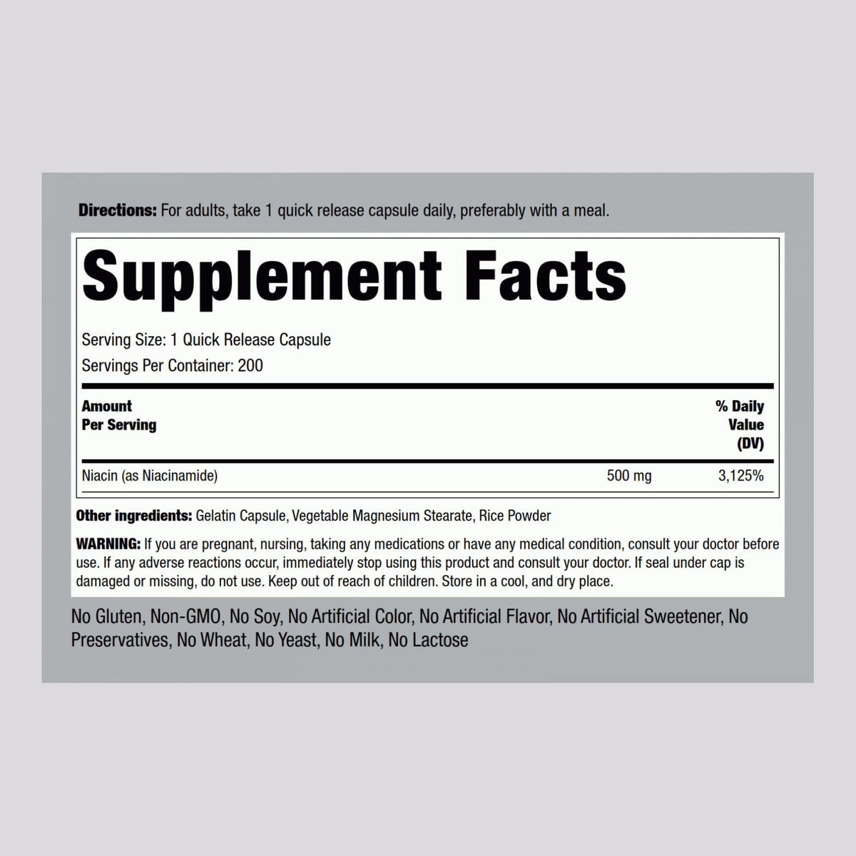 Piping Rock Niacinamide 500mg Vitamin B3 - 200 Capsules - image 2