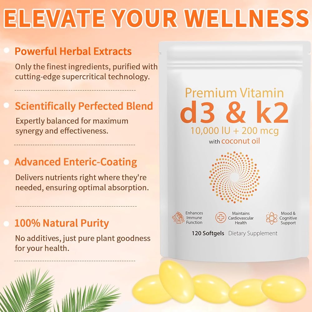 Daiasns D3 K2 Vitamin 10000 IU - 240 Virgin Coconut Oil Softgels