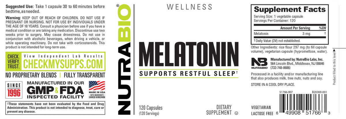 NutraBio Melatonin Sleep Aid 3mg - 120 Capsules - image 3