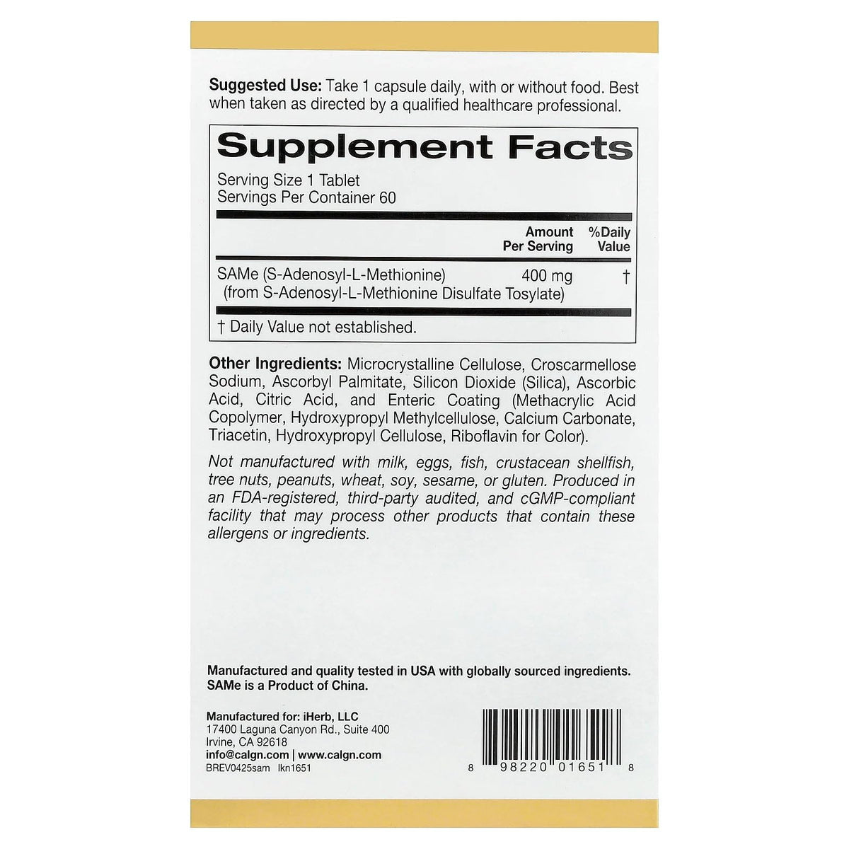 Lake Avenue SAMe 400 mg Disulfate Tosylate - 60 Tablets - image 2