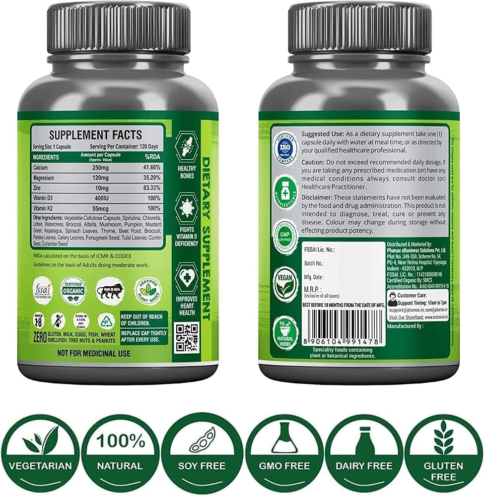SENTA Plant Based Organic Calcium Magnesium Zinc D3 K2 - 120 Capsules - image 3
