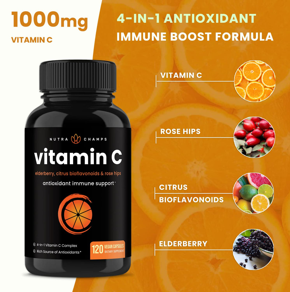NutraChamps Vitamin C 1000 mg with Rose Hips & Elderberry - 120 Capsules - image 3