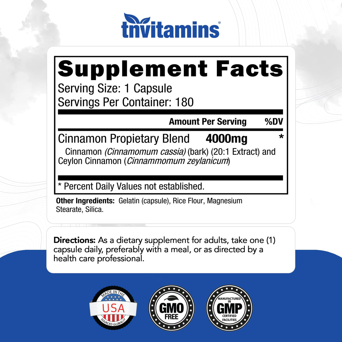 tnvitamins Cinnamon Capsules 4000 mg - 180 Capsules - image 2