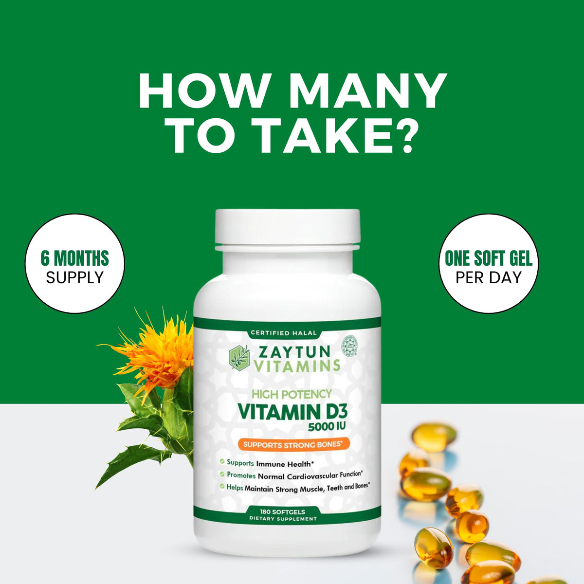 Zaytun Halal Vitamin D3 5000 IU Immune Support - 180 Softgels - image 4
