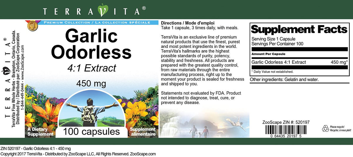 Terravita Garlic Odorless 4:1 Extract 450 mg - 100 Capsules - image 2