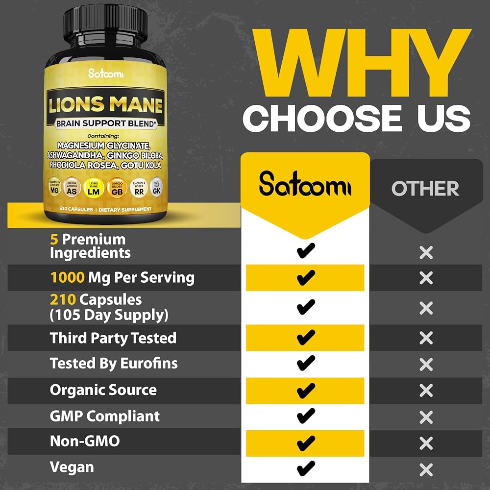 Satoomi Lions Mane Supplement with Magnesium & Ashwagandha - 210 Capsules - image 4