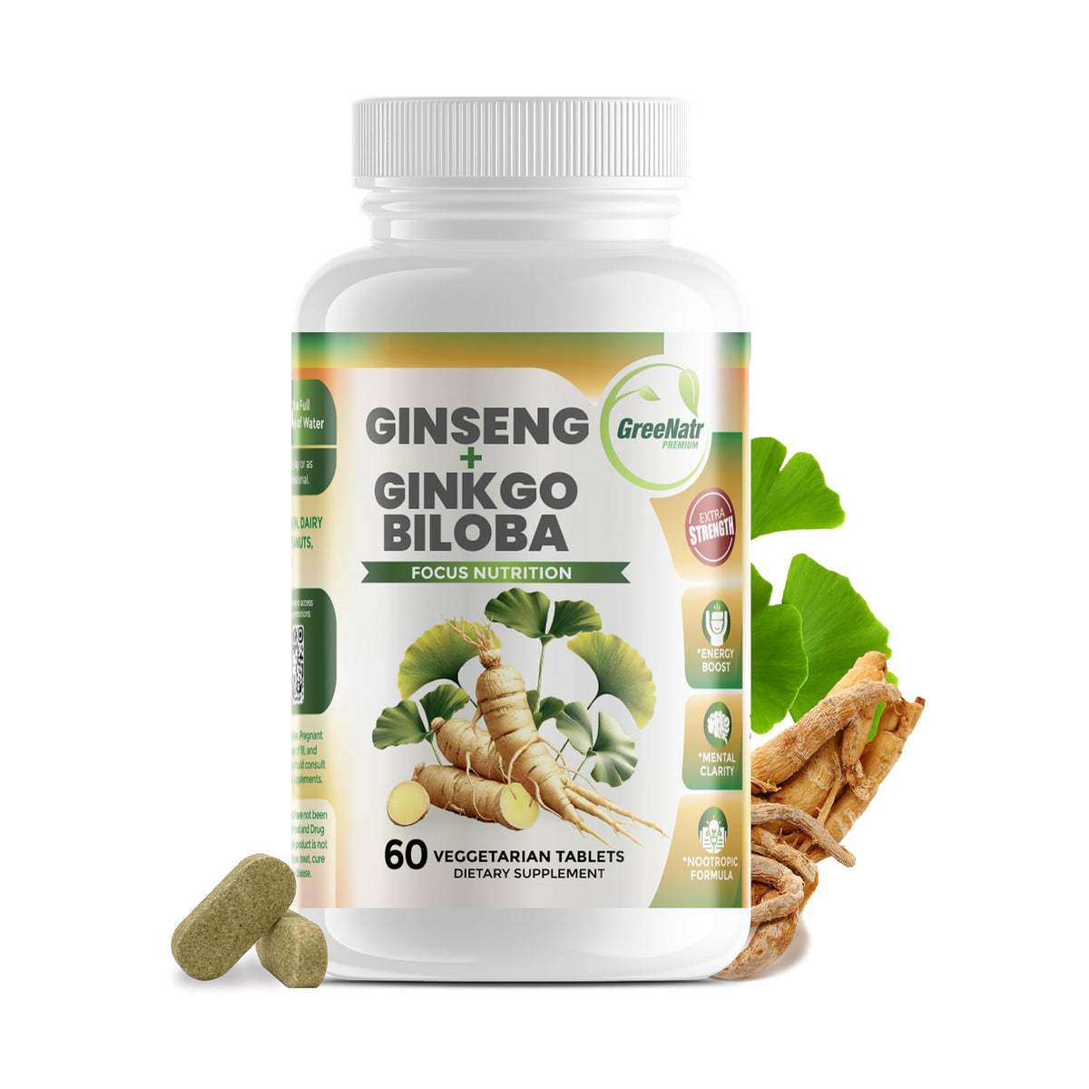 GreeNatr Panax Ginseng + Ginkgo Biloba Tablets - Premium