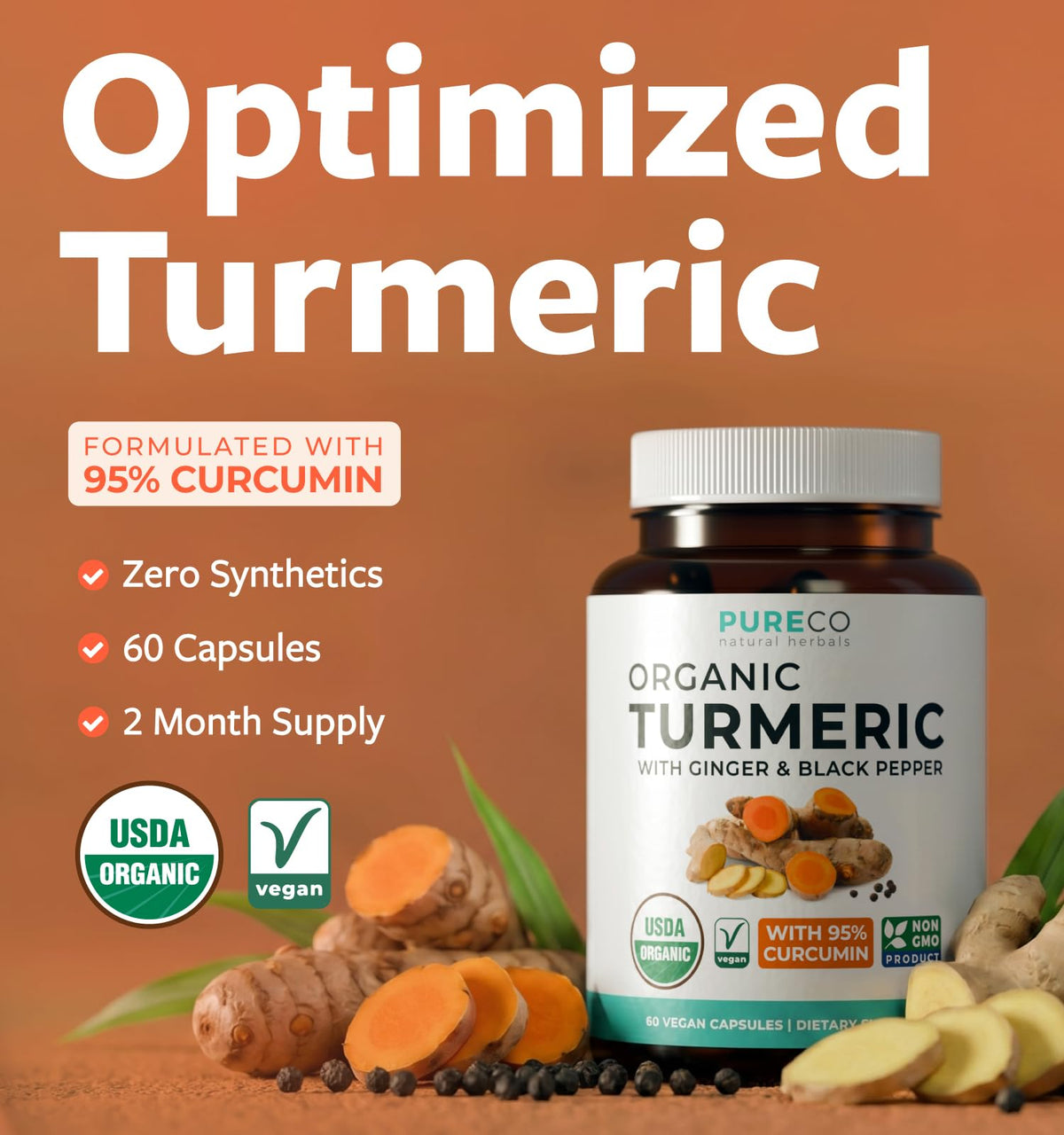 PURE CO Organic Turmeric Ginger Black Pepper Supplement - 60 Capsules - image 2