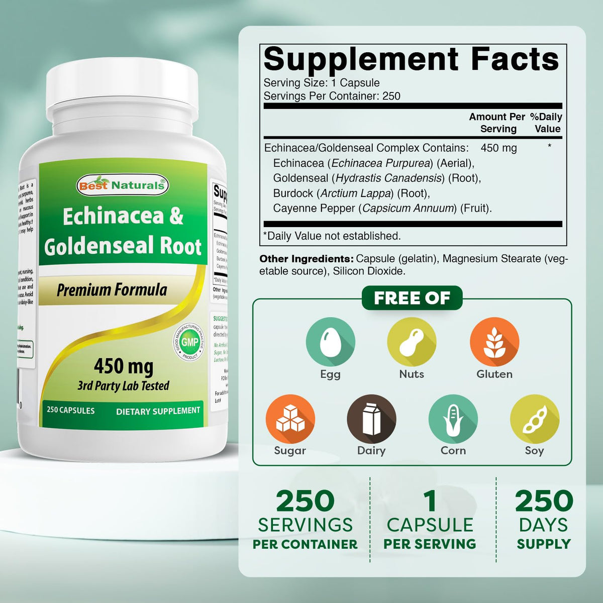 Best Naturals Echinacea Goldenseal 450 mg - 250 Capsules - image 2