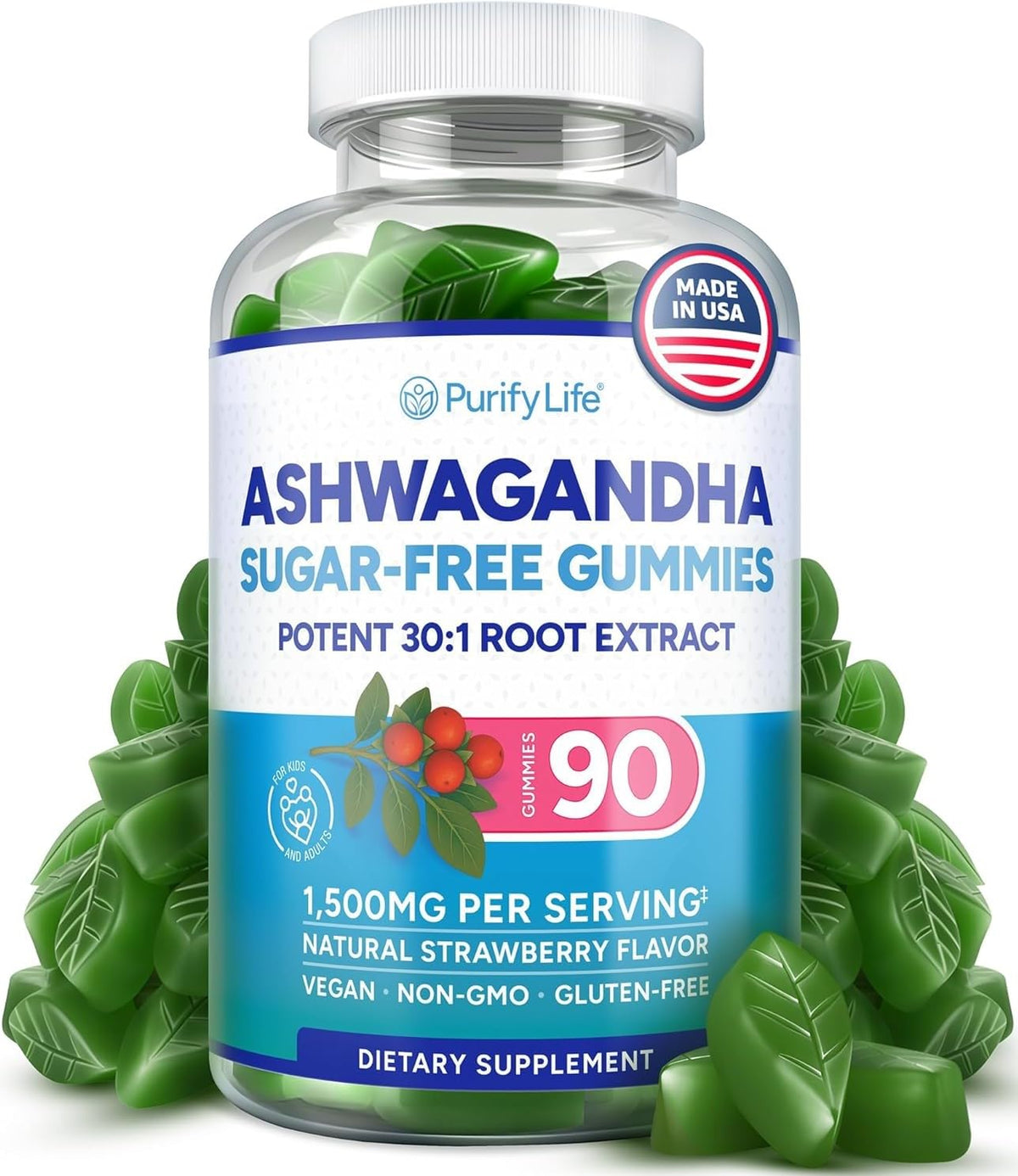 Purify Life Ashwagandha Gummies Sugar-Free for Stress & Sleep - 90ct
