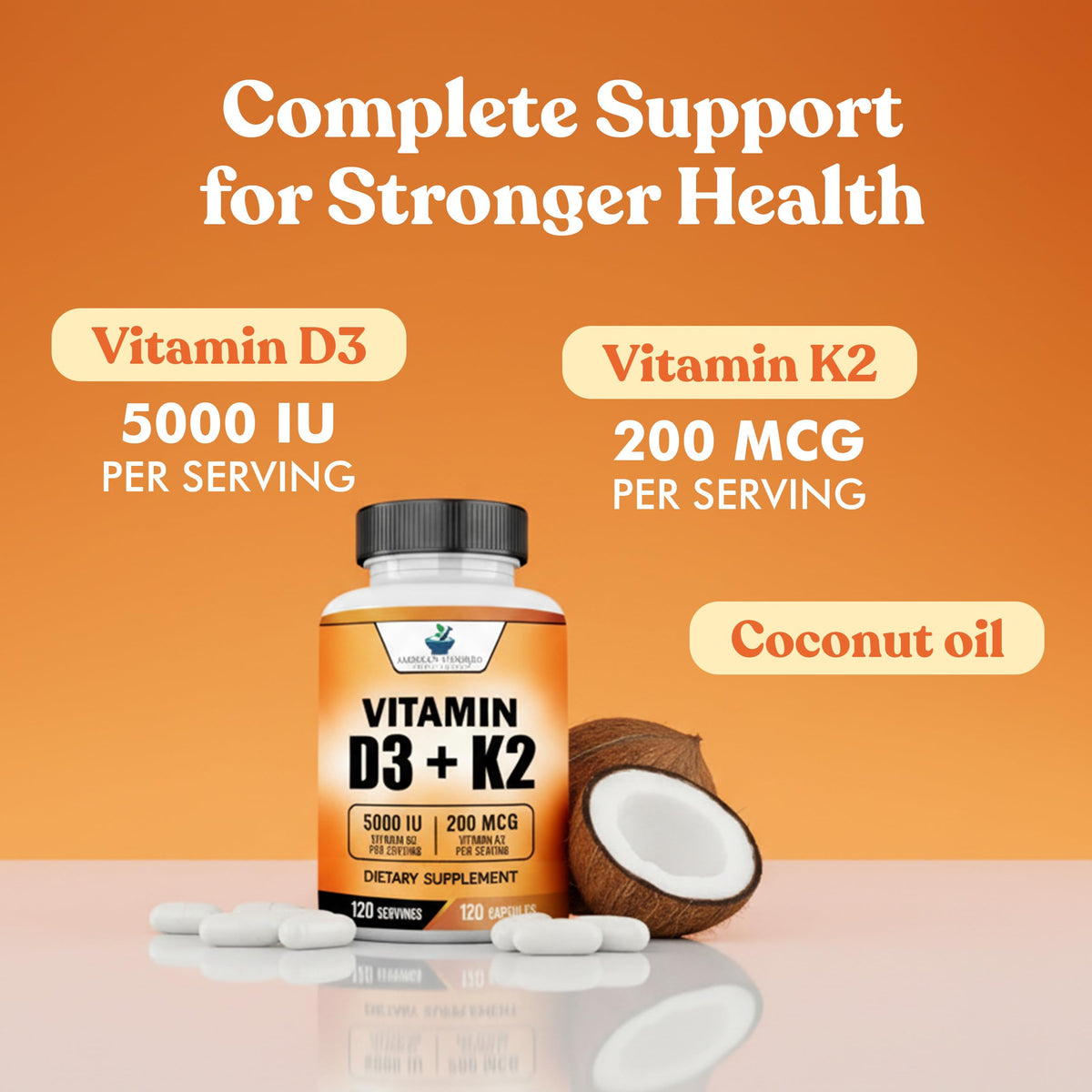 American Standard Supplements Vitamin D3 5000 IU Plus K2 - 120 Capsules - image 3