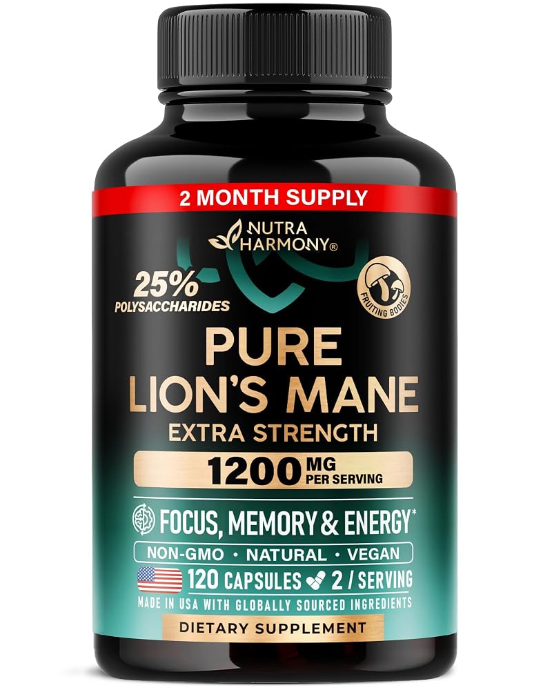 NUTRAHARMONY Lions Mane Supplement Capsules - Organic Lions Mane
